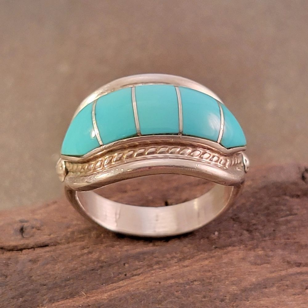 Albert Francisco  Sterling Navajo Blue Turquoise Cable Bezel Set Channel Ring